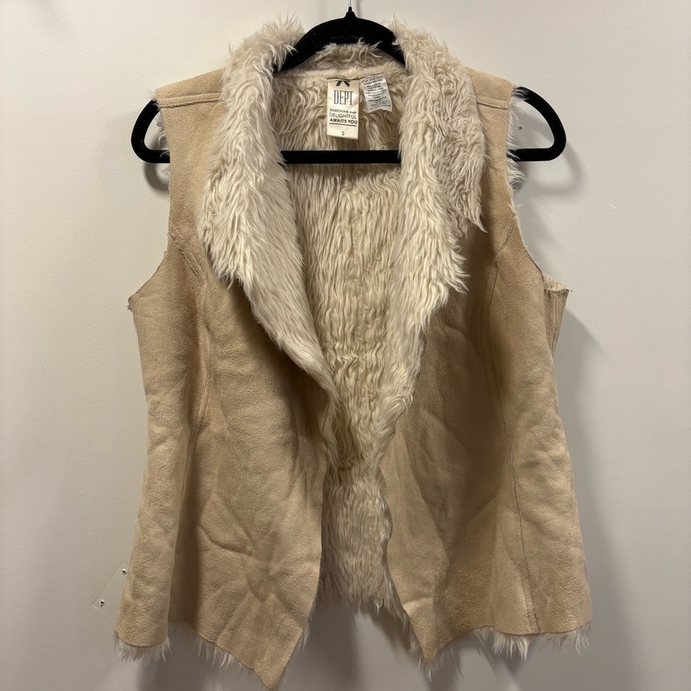 DEPT Boho Faux Fur Vest – Size Small | Tan Suede & Cream Sherpa Western Cowgirl